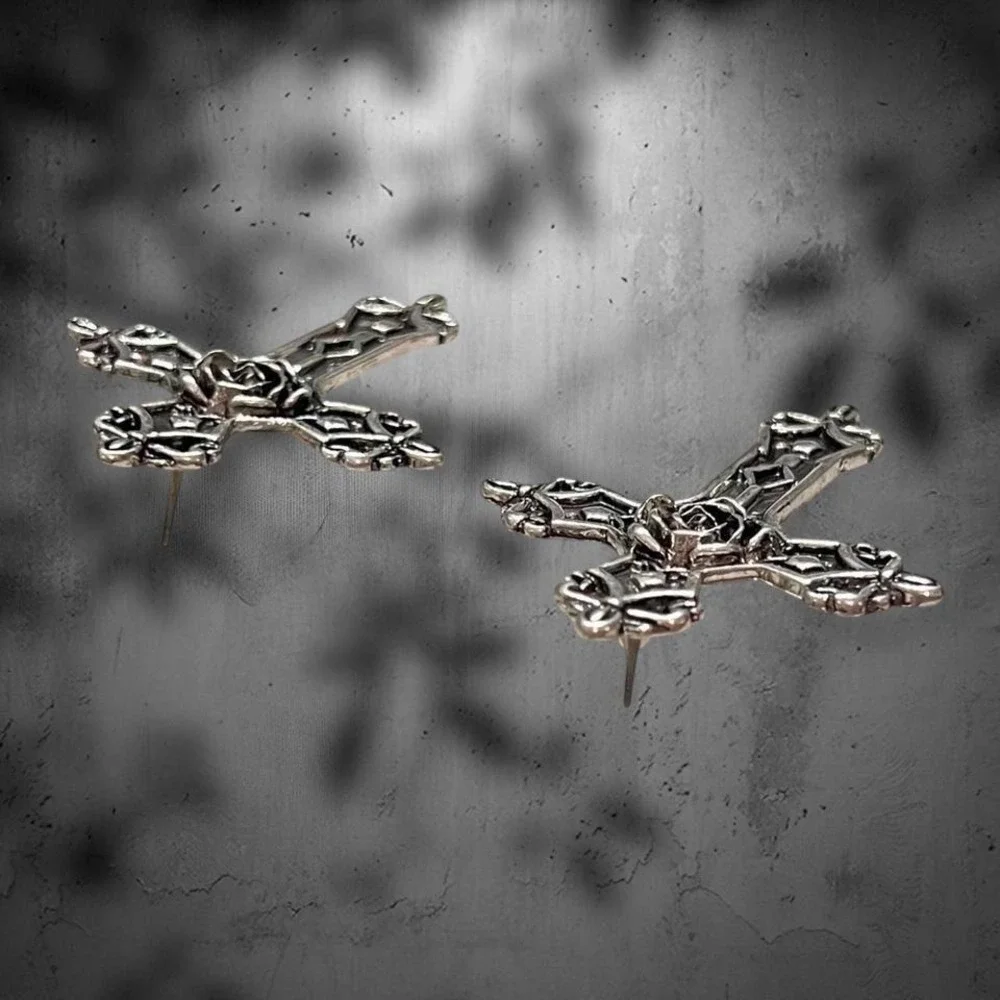Large Ornate Cross Romantic Goth Rose Center Detail Stud Earrings